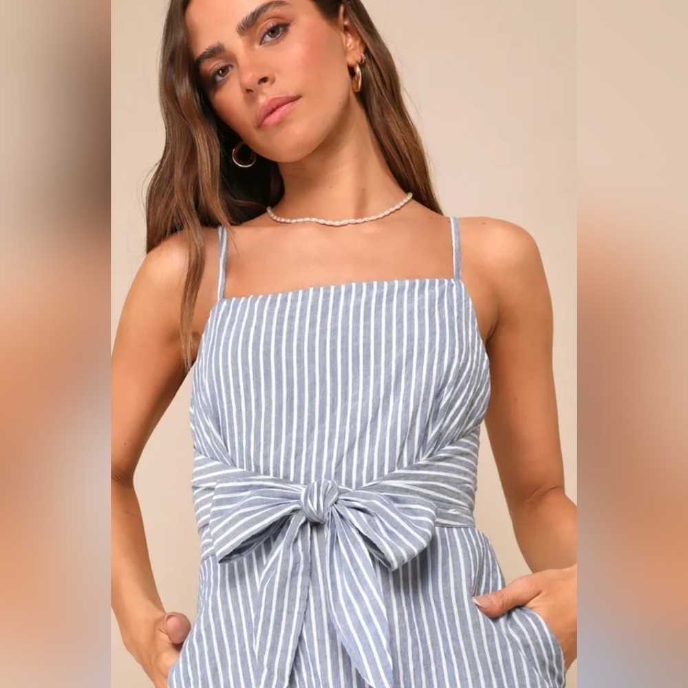 Bright - Blue & White Striped Bow Front Mini Dress – Size M - Picture 6 of 7
